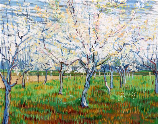 S. Huxley (20th C.) Orchard in blossom, 25 x 31in.